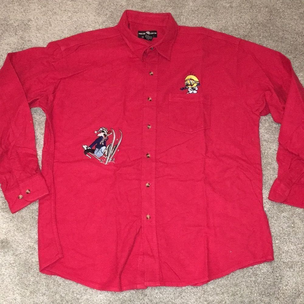Vintage Red Tweetie Bird Sylvester Ski snowboard collector holiday chamois shirt
